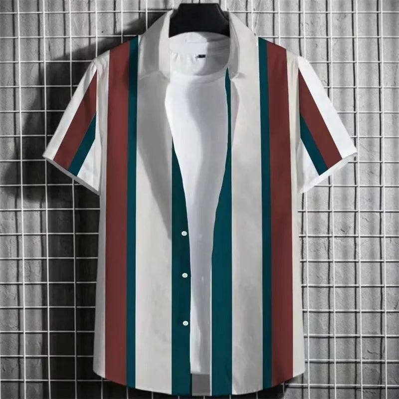 Man wearing a linen short-sleeve t-shirt with a raised 3D striped print on the chest.