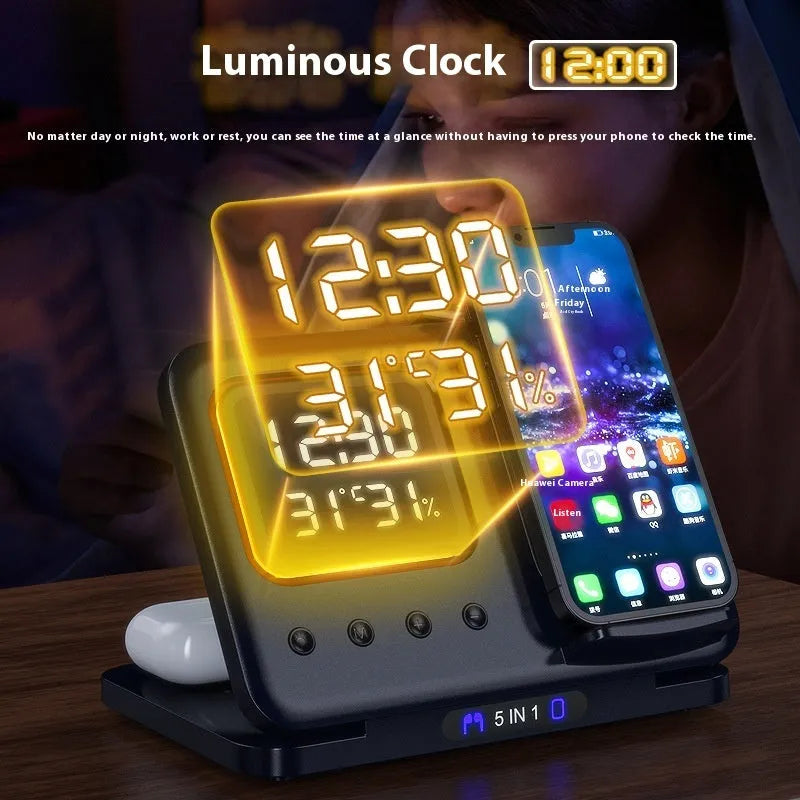 Black and white 5-in-1 wireless charging dock station with phone, watch and earphones charging, showing LED clock display.