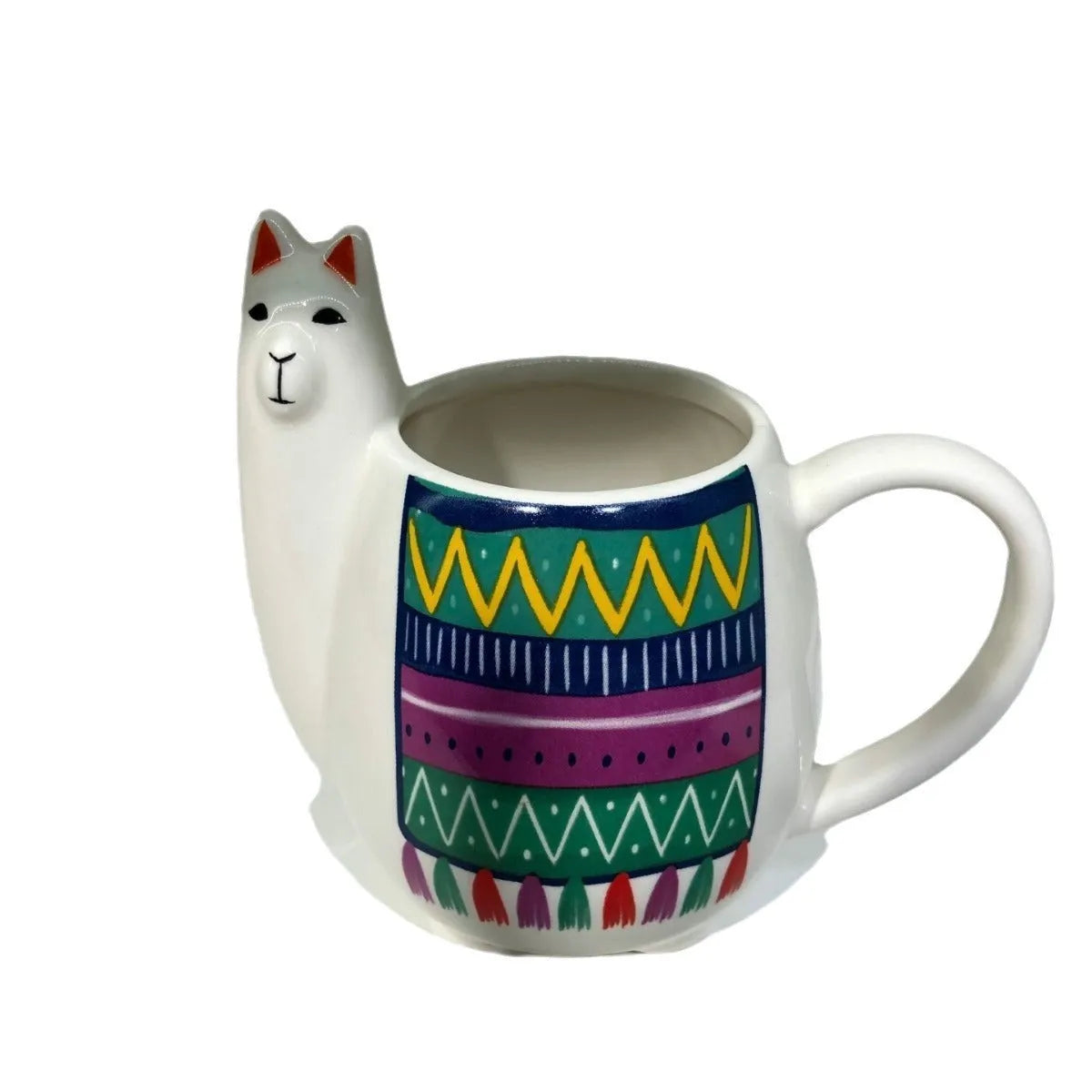 White ceramic mug with handle featuring a cartoon alpaca pattern on the side