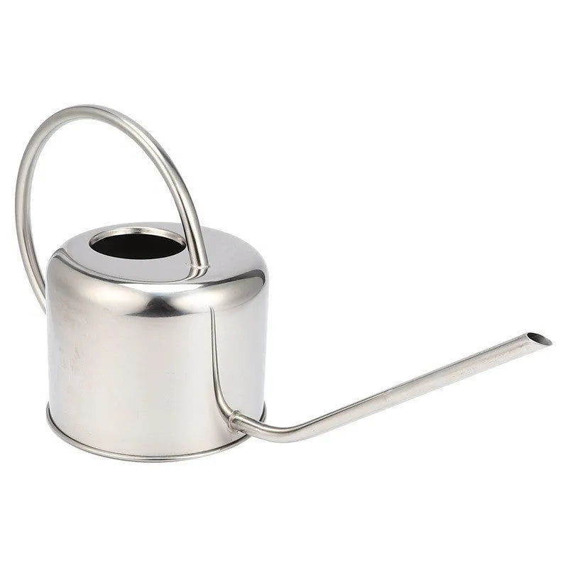 Stainless steel watering can with long spout, 2 litre capacity, shown in black, gold, and steel finishes.