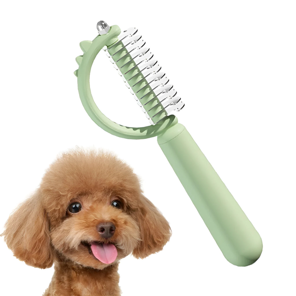 Self-cleaning cat brush with dinosaur shape and stainless steel pins for grooming