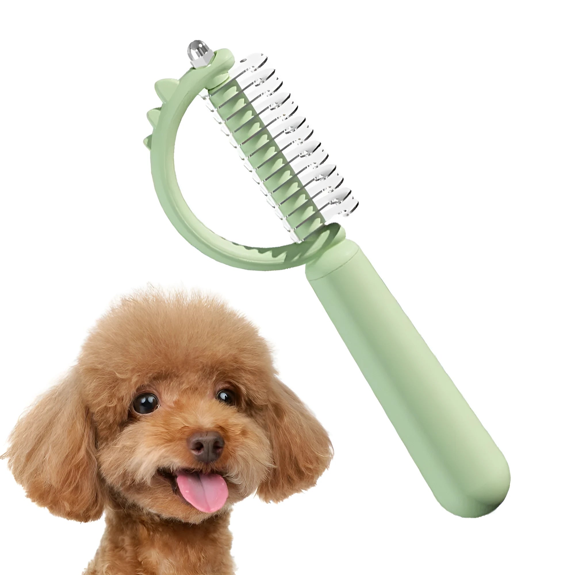 Self-cleaning cat brush with dinosaur shape and stainless steel pins for grooming