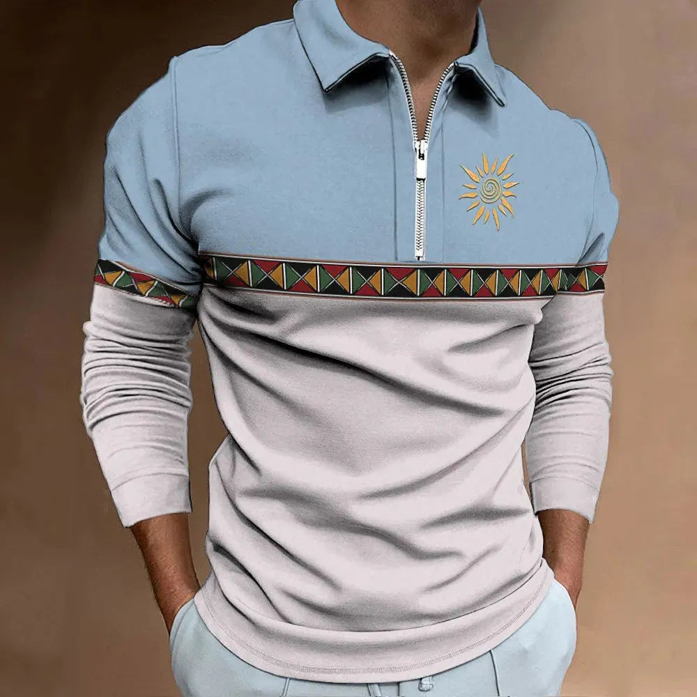 Men's loose fit long sleeve polo shirt with striped retro print and zipper details on sleeve.