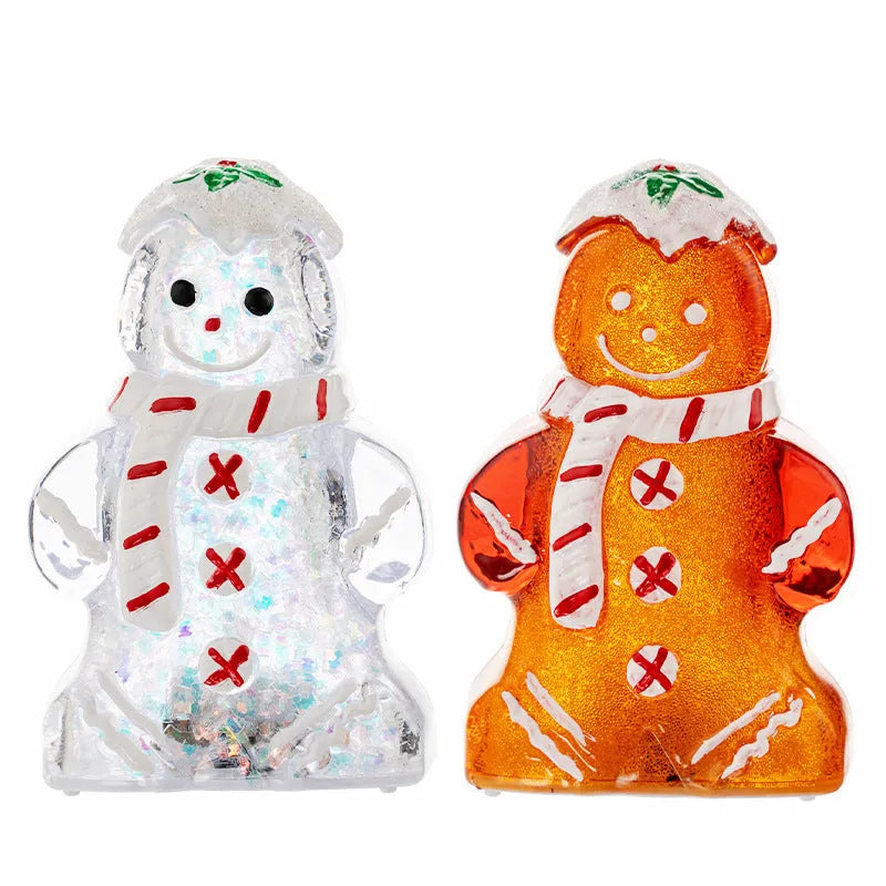 Glowing gingerbread man Christmas ornament with snowman design in plastic construction