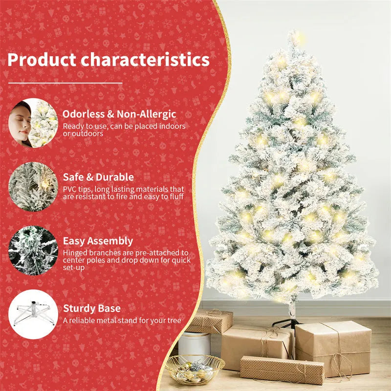 Artificial snow Christmas tree with green and white PVC branches on a metal stand
