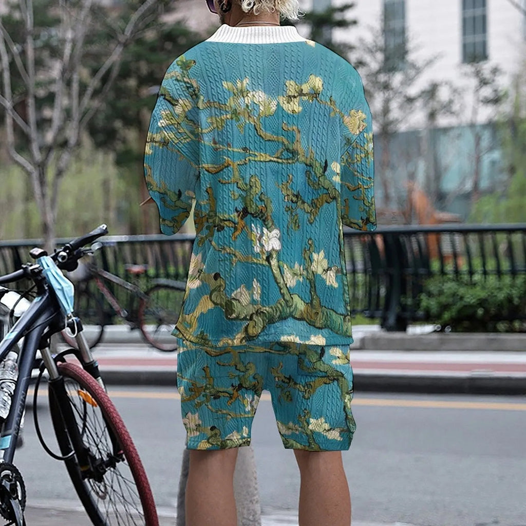 Men's peacock blue 3D printed knitted shorts suit with matching T-shirt top