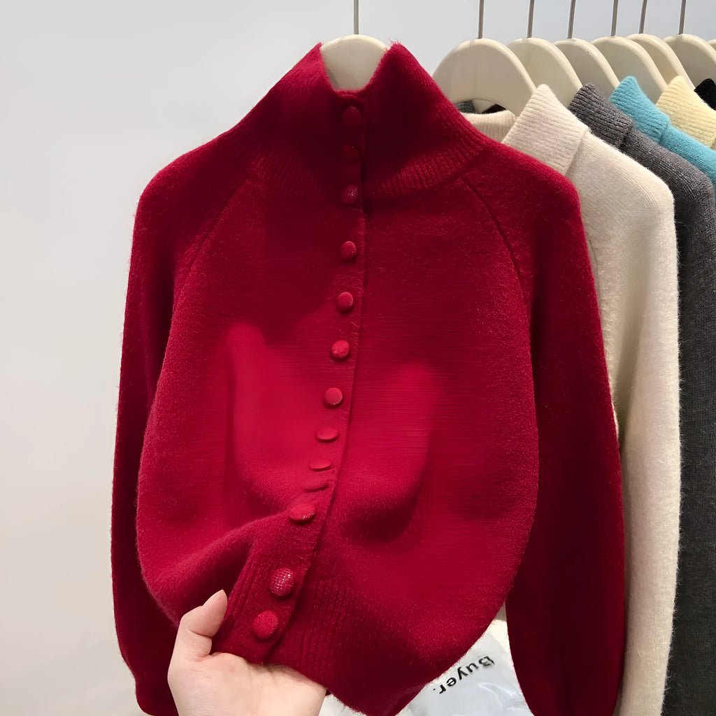 Women's loose fit turtleneck cardigan in thick polyester knit, button front, available in six colours including red and blue