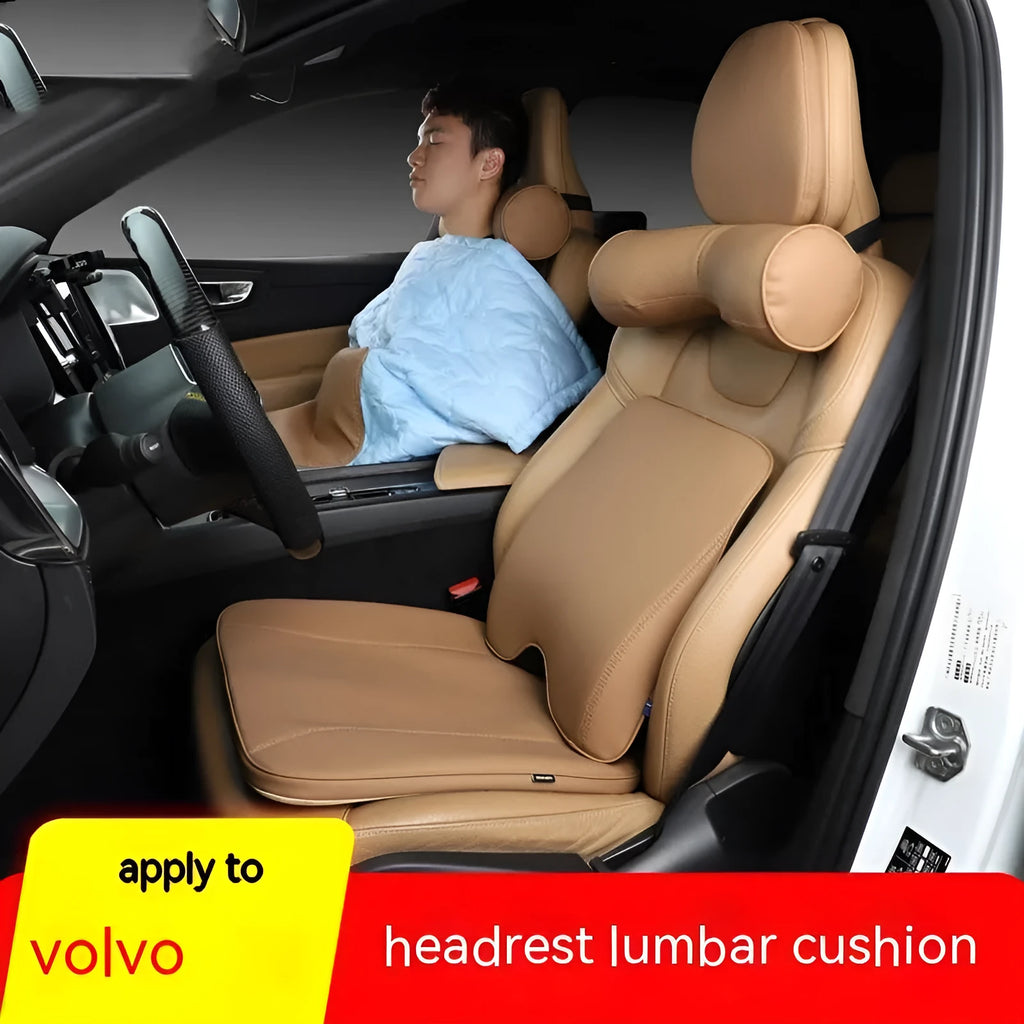 Volvo car headrest neck pillow and lumbar support cushion set in brown colour with synthetic fibre filling