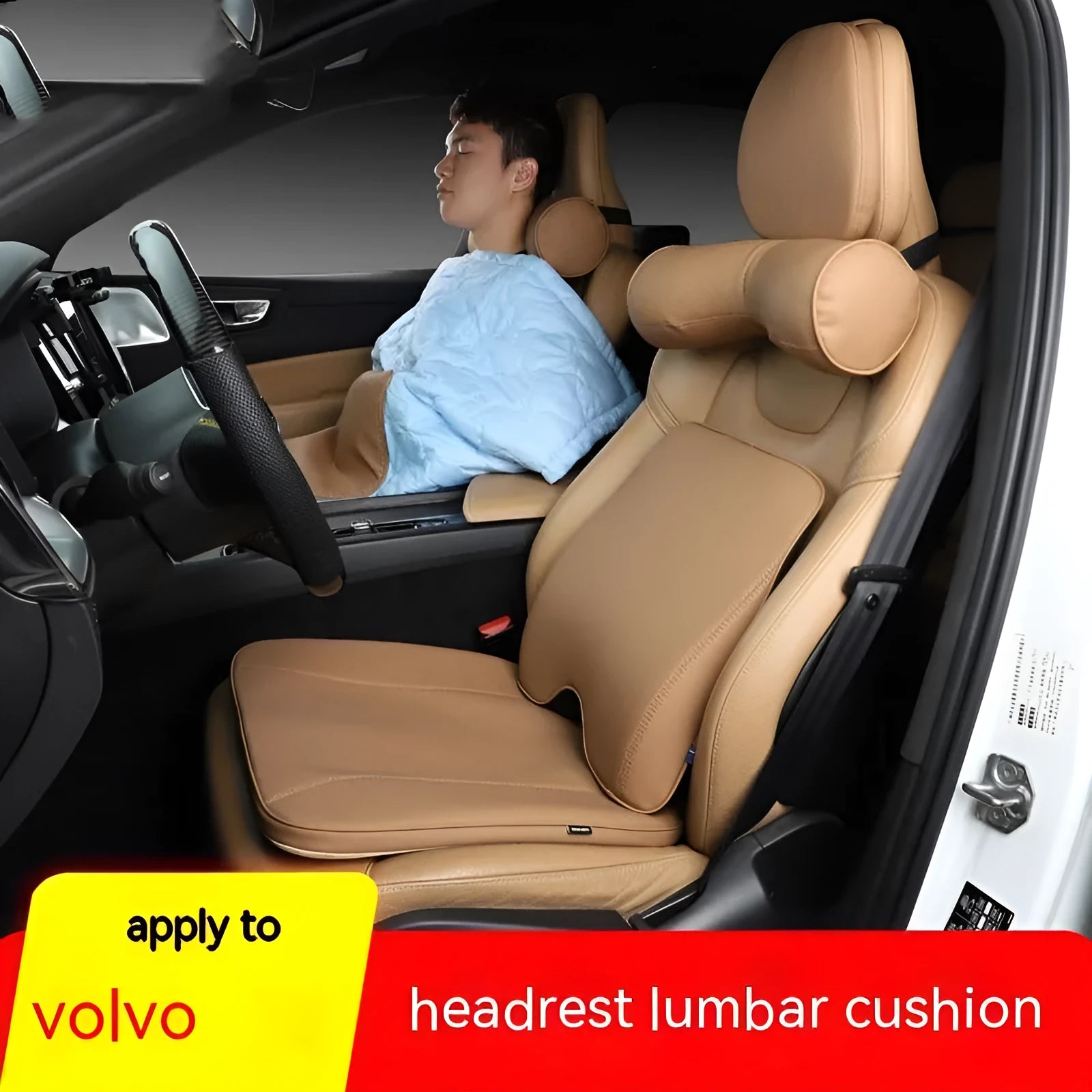 Volvo car headrest neck pillow and lumbar support cushion set in brown colour with synthetic fibre filling