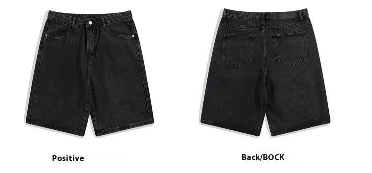 Men's solid colour denim shorts with straight-leg five-point cut and zipper fly opening