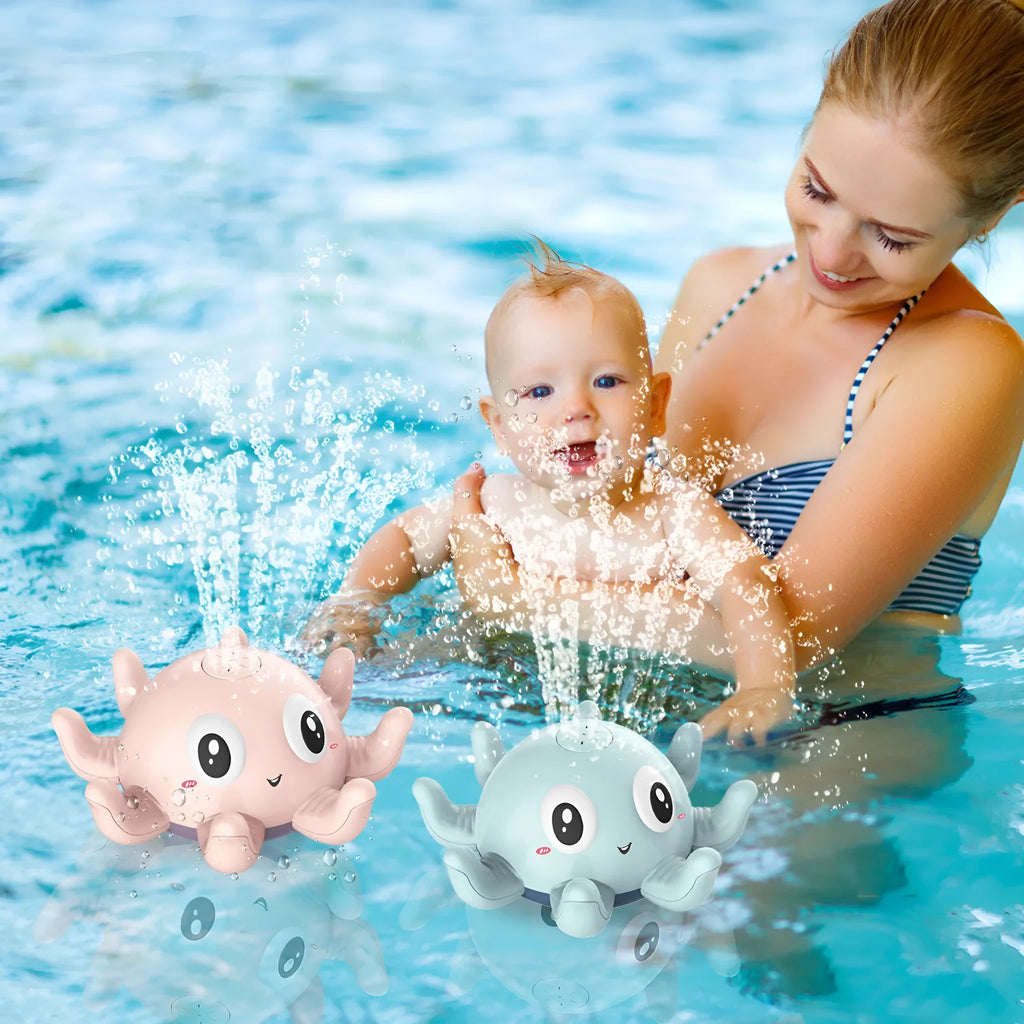 Children's automatic water spray bath toy with flashing lights in blue octopus design on white background
