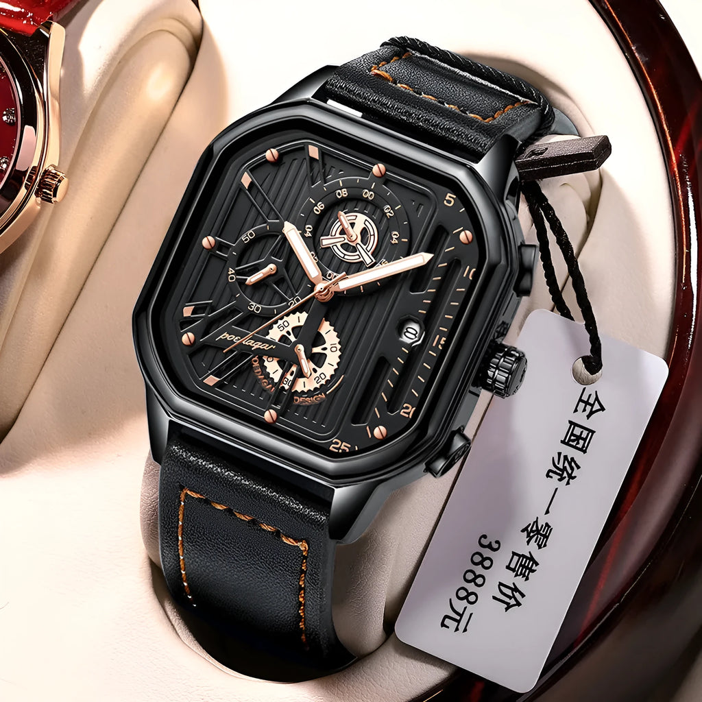 Men's quartz watch with belt-style bracelet, 8mm thickness, black gold silver shell options