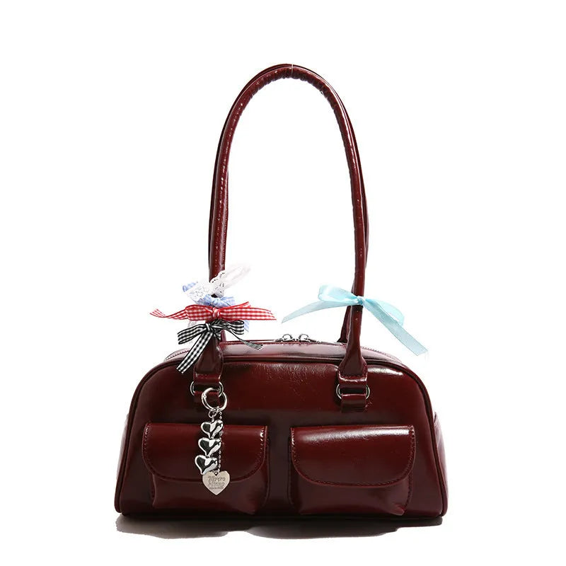 Retro women's PU leather pillow bag with double shoulder straps in black, brown, or red colour options