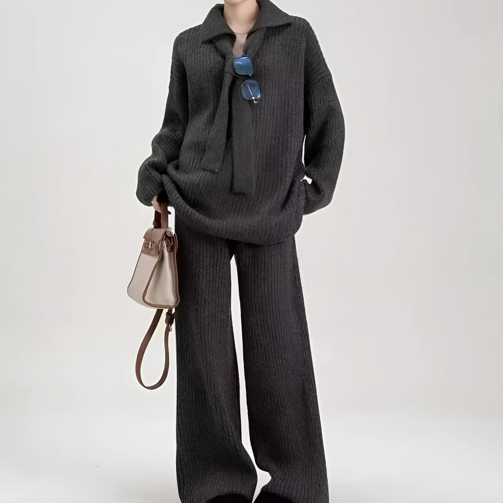 Women's dark grey imitation cashmere knit top and trousers two-piece set for commuting.