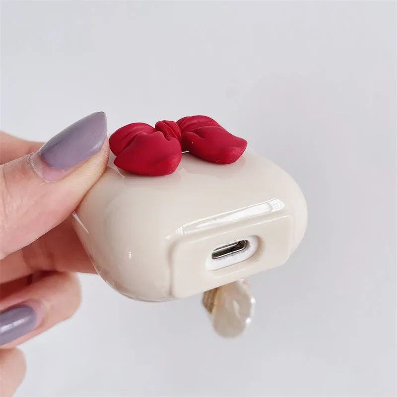 Beige red bow shell TPU clamshell case cover for AirPods and AirPods Pro