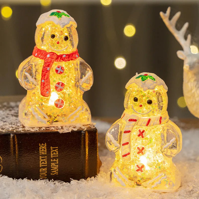 Glowing gingerbread man Christmas ornament with snowman design in plastic construction