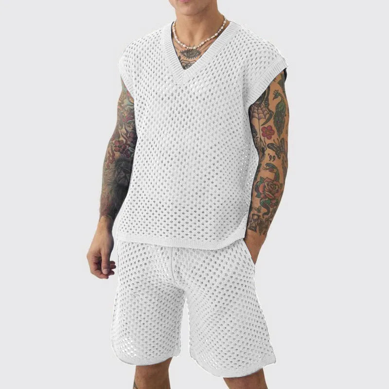 Men's blue V-neck vest with matching shorts set for summer sports activities