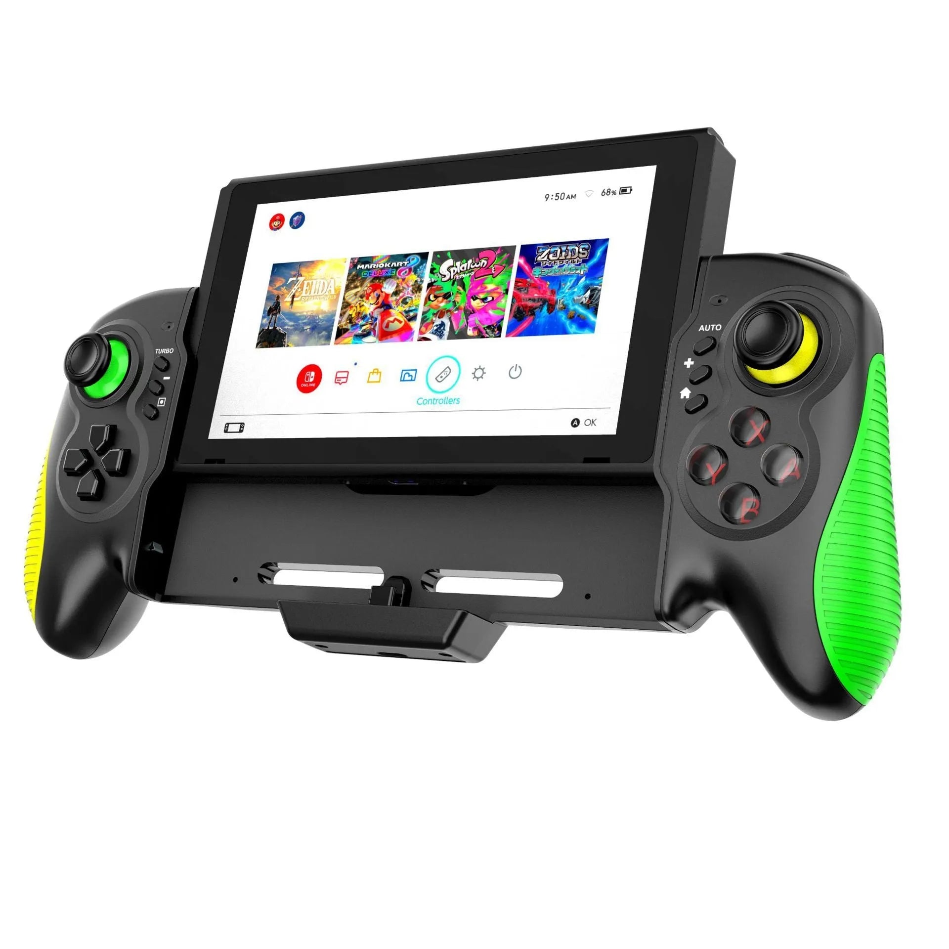 Yellow-green ABS plastic game controller with an in-line handle design for Nintendo Switch and PC.