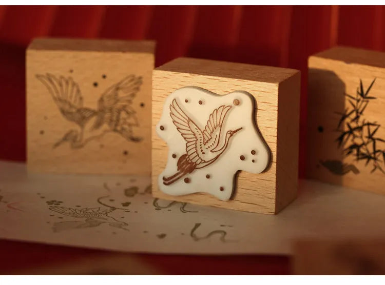 Mr. Paper Huahegui series wooden handle and rubber stamp seal kit for DIY paper crafting.