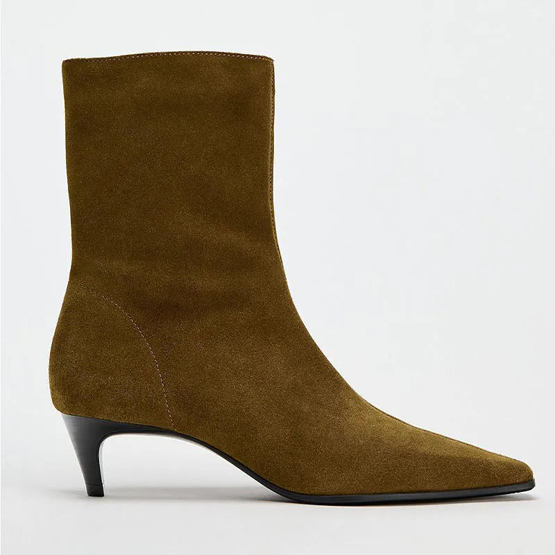 Brown square toe women's ankle boots with a side zipper, kitten heel, and a waterproof platform sole.