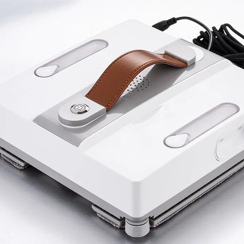 White intelligent window cleaning robot with water spray nozzles for high-rise buildings