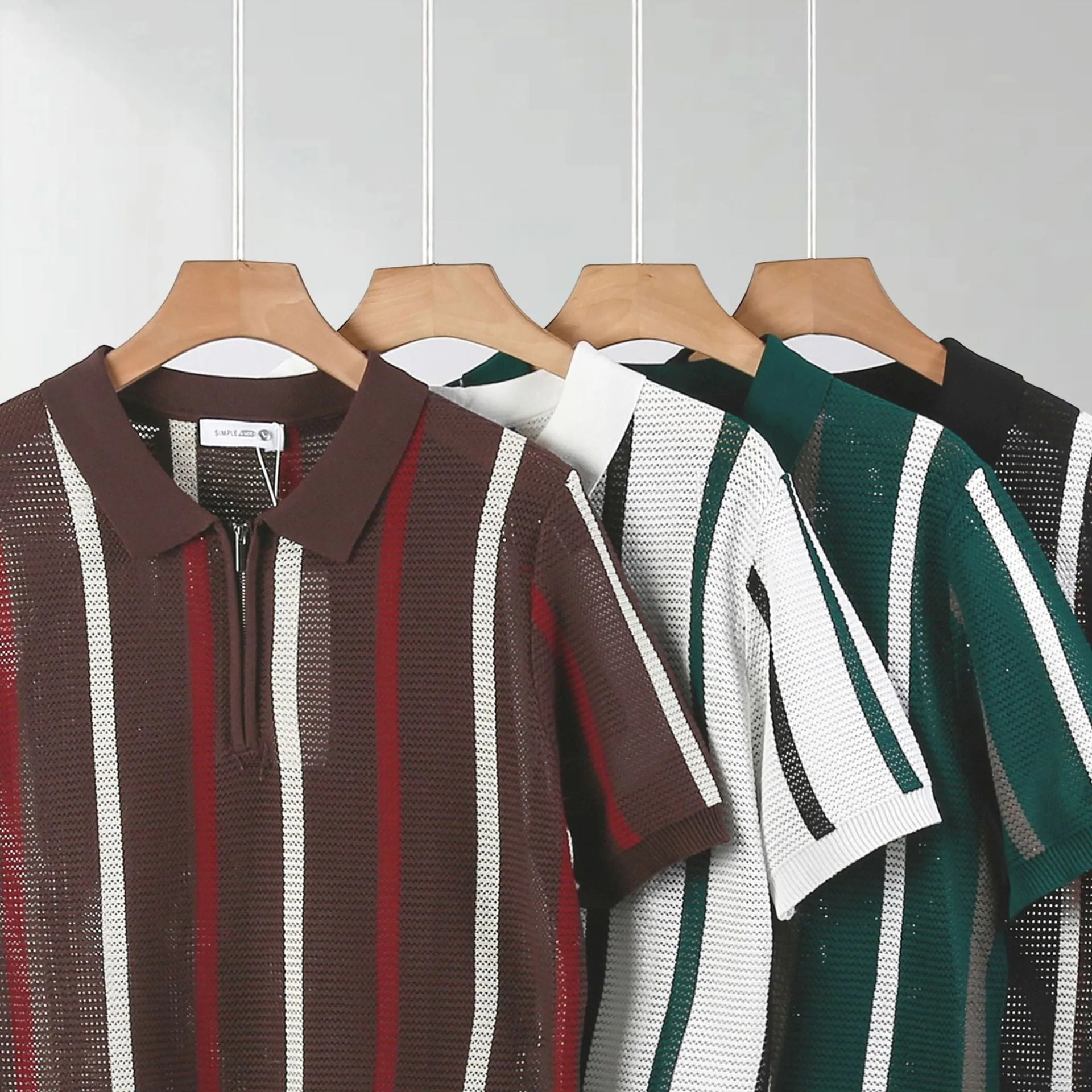 Men's ice silk polo shirt with hollow mesh knitting and zipper decoration in summer colours