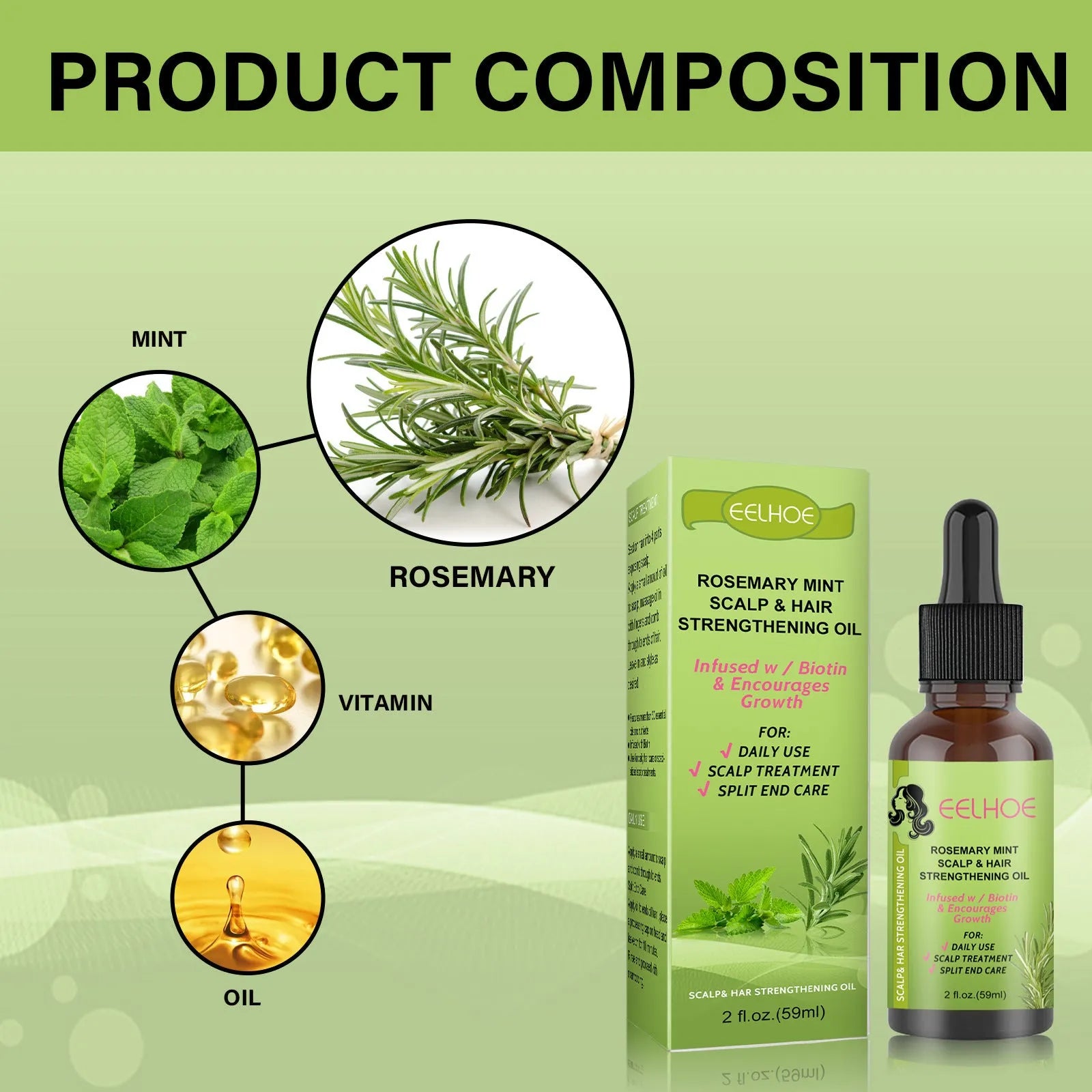 59ml bottle of rosemary mint hair growth fluid for scalp massage treatment.