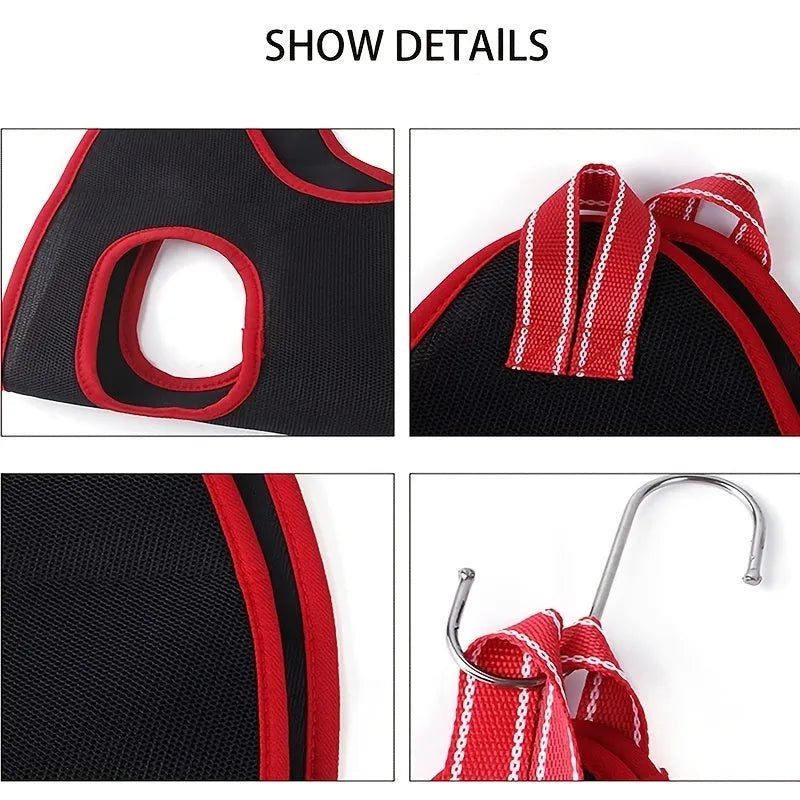 Pet grooming hammock hanging restraint bag set for dogs and cats in four sizes.