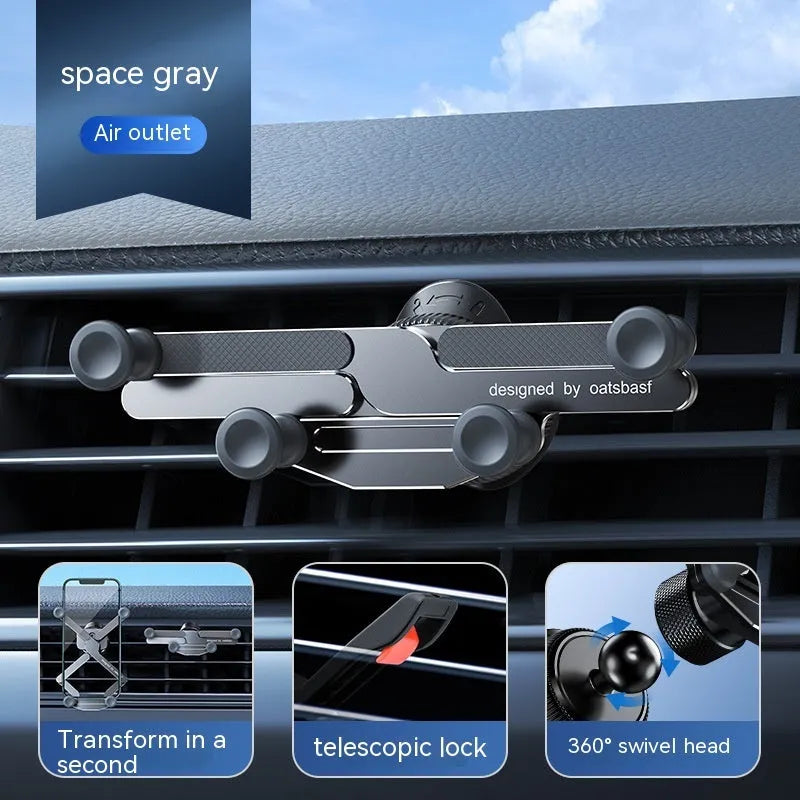 Aluminium alloy car mobile phone holder showing both knob air vent mount and adhesive dashboard mount versions in black, silver, and grey colours