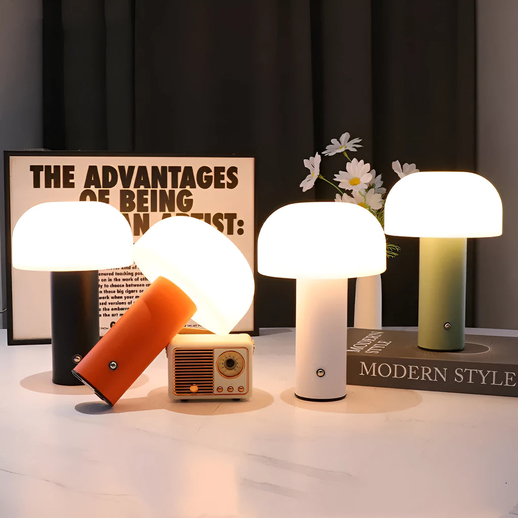 USB-powered plastic desk lamp with charging port in black, green, orange, or white colours