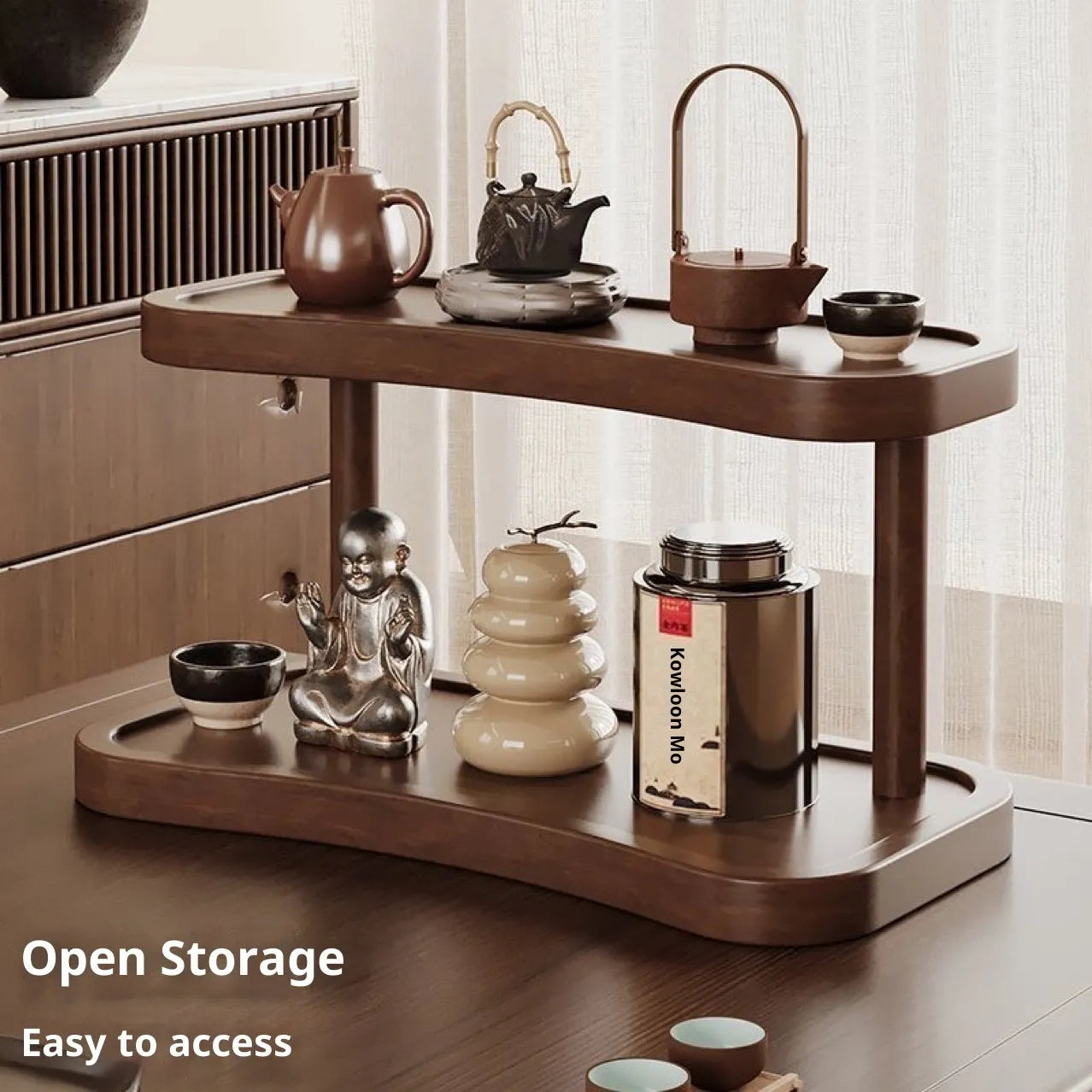 Full bamboo two-layer cup storage rack on a table top with cups organised