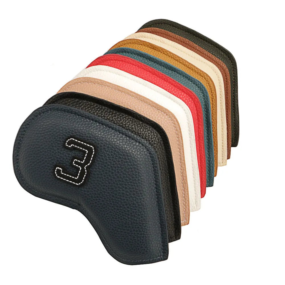 Set of 10 assorted digitally printed PU golf club head covers on a golf bag.