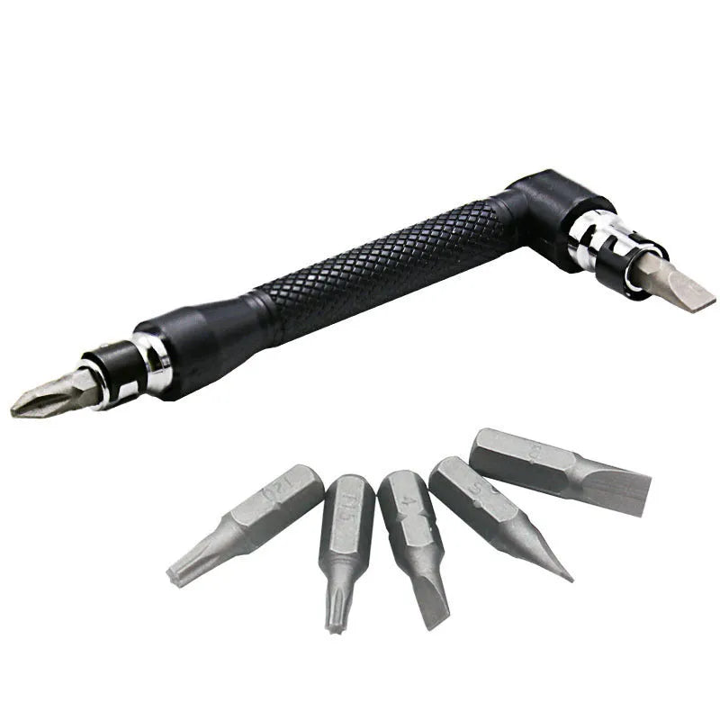 L-shaped double-headed socket wrench with 10 screwdriver bits on work surface