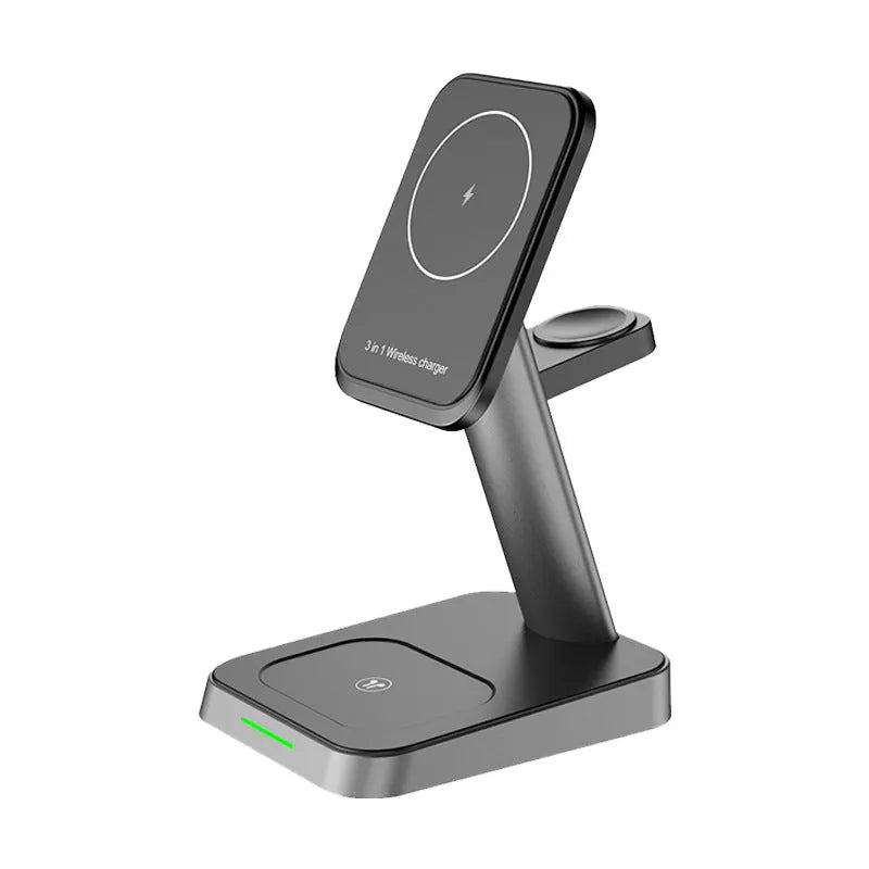 Black cubic 3-in-1 vertical wireless phone charger with integrated watch charger and 10000mAh power bank.