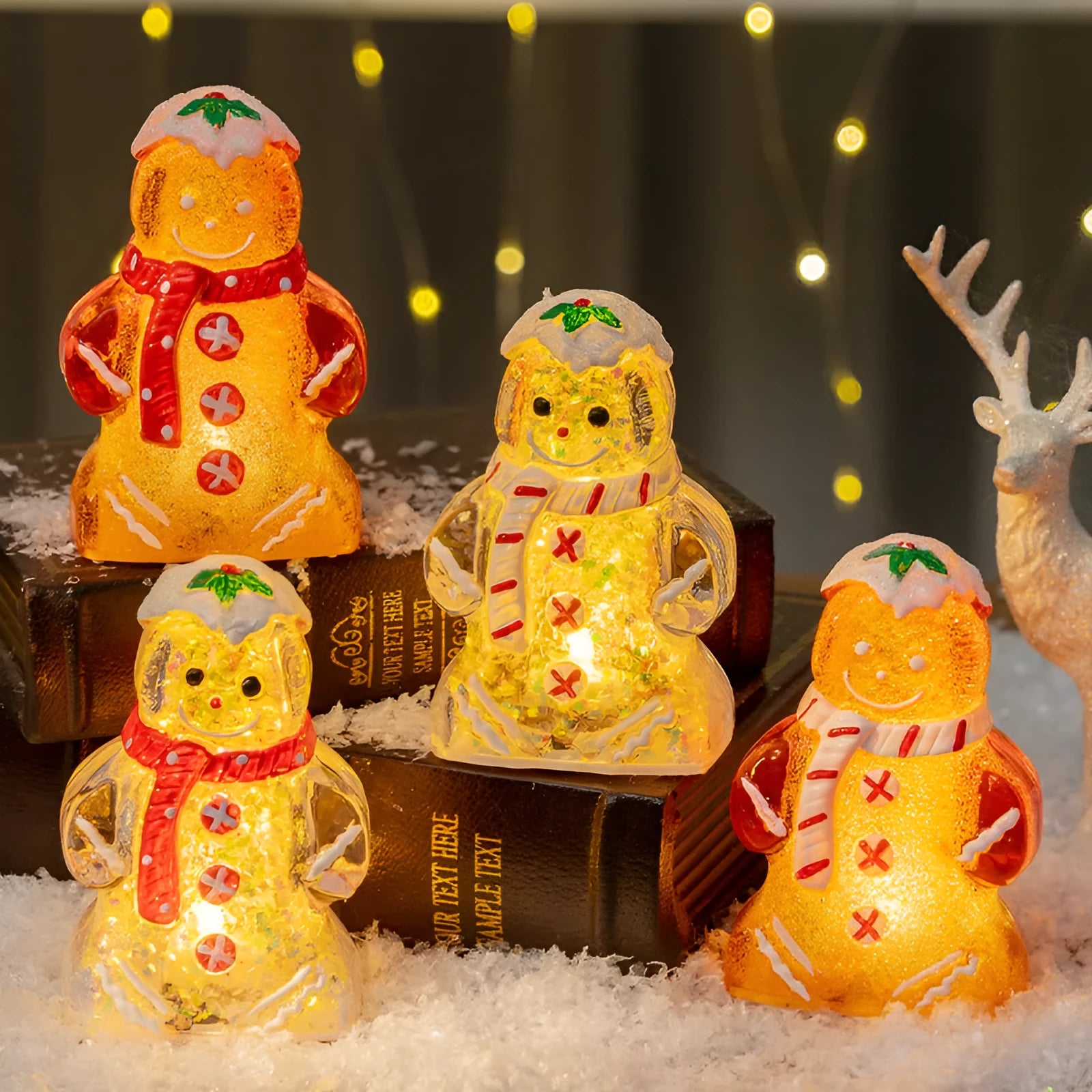 Glowing gingerbread man Christmas ornament with snowman design in plastic construction