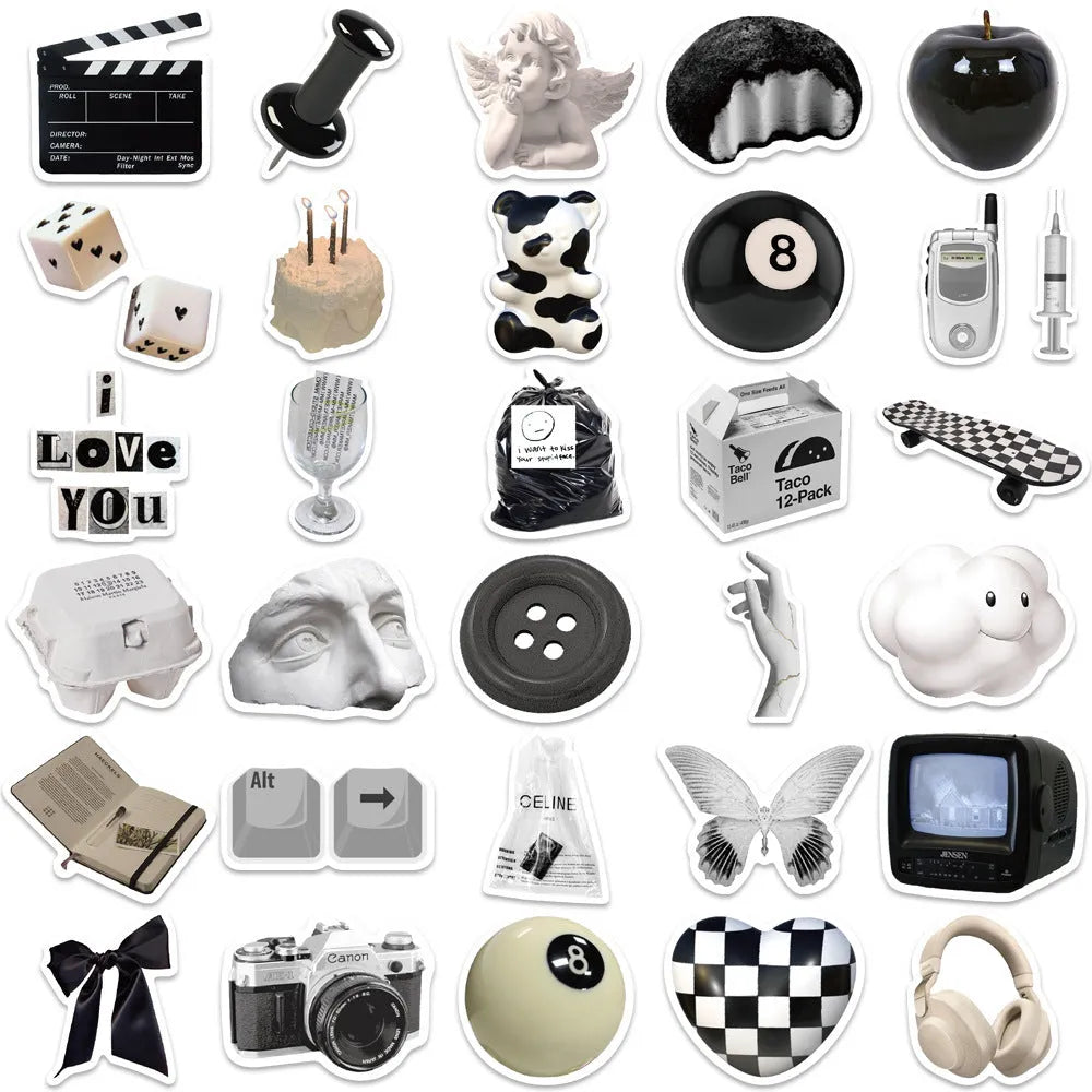 Black and white PVC vinyl sticker pack with 61 pieces for laptops and phones