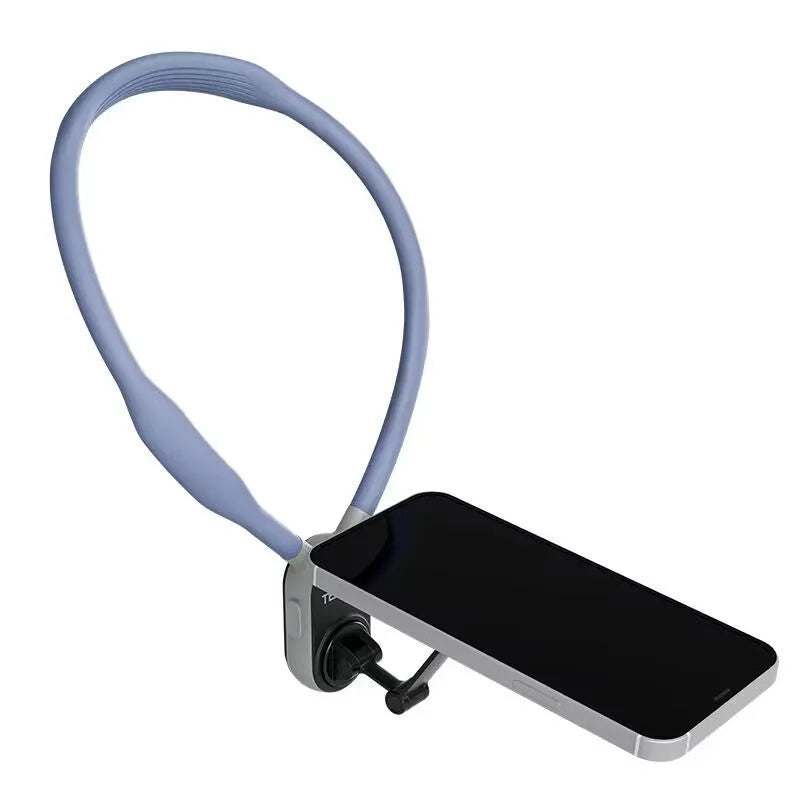 Silicone phone magnetic neck mount with 16 neodymium magnets in gray and sapphire blue, showing magnetic pad and anti-drop rope