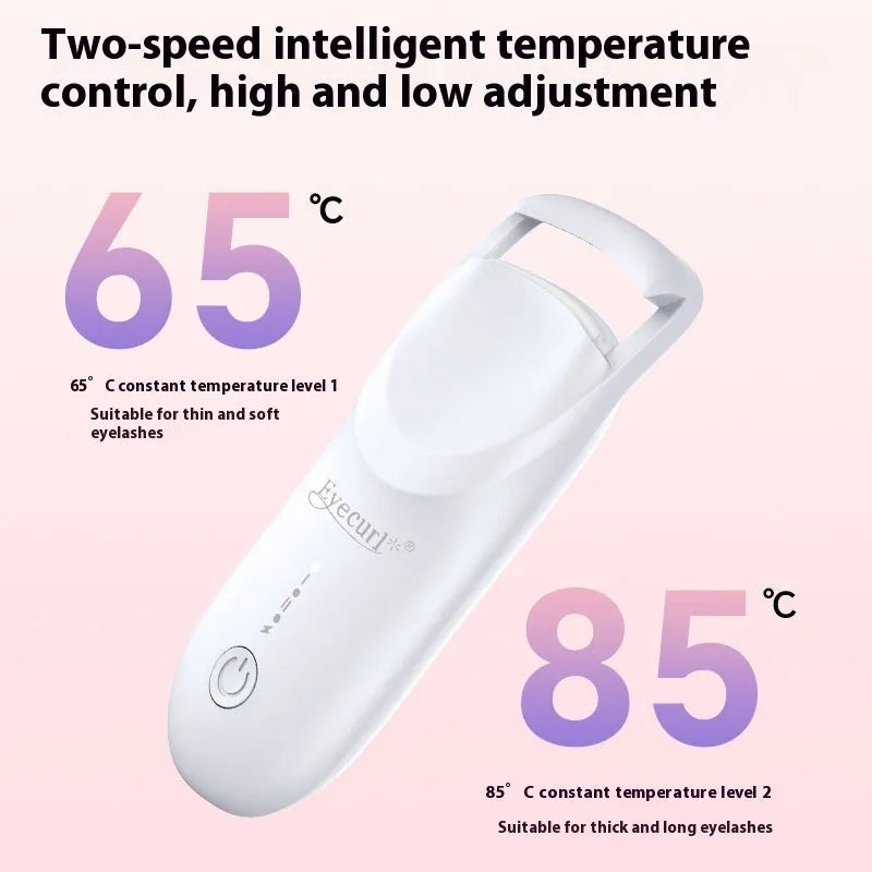Electric heating eyelash curler in plastic construction with charging cable, available in multiple colour packaging options