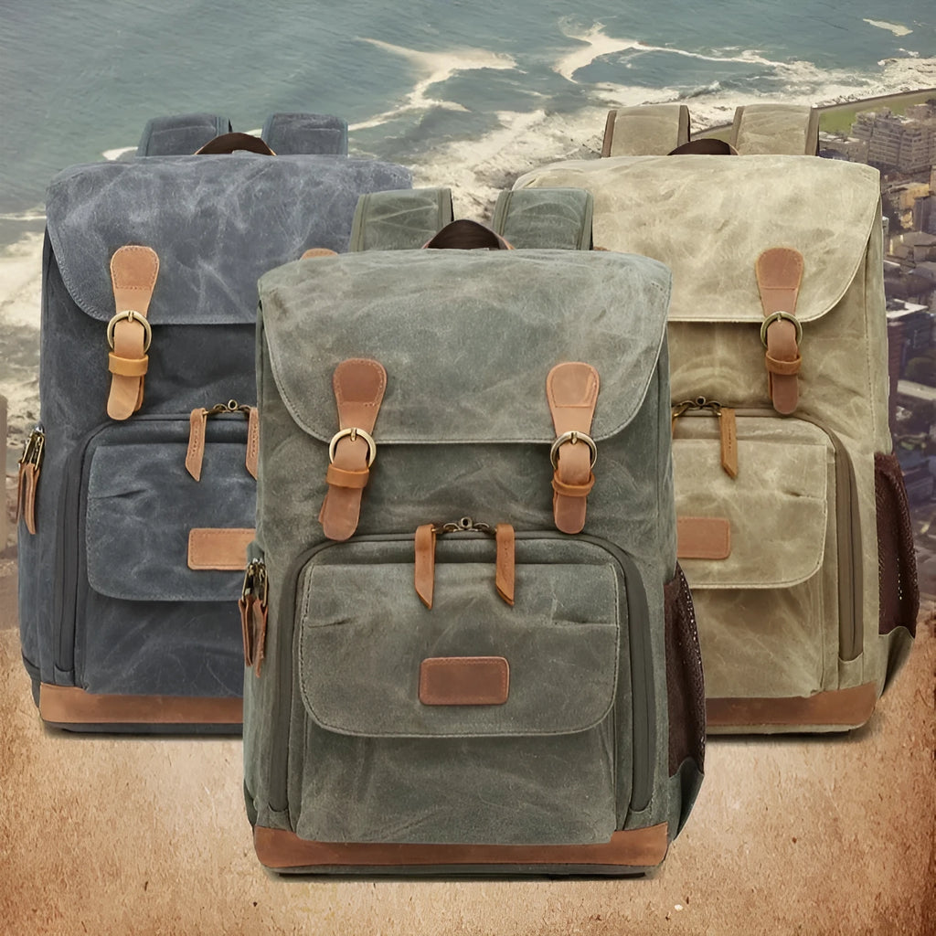 Canvas DSLR camera backpack in khaki colour showing multi-functional design for photography equipment