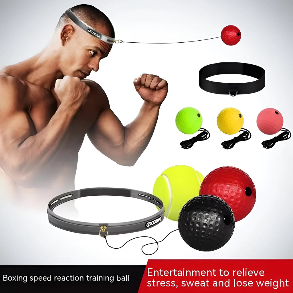 Head-mounted boxing reaction training ball set showing adjustable headbands and red, yellow, and green PU balls.