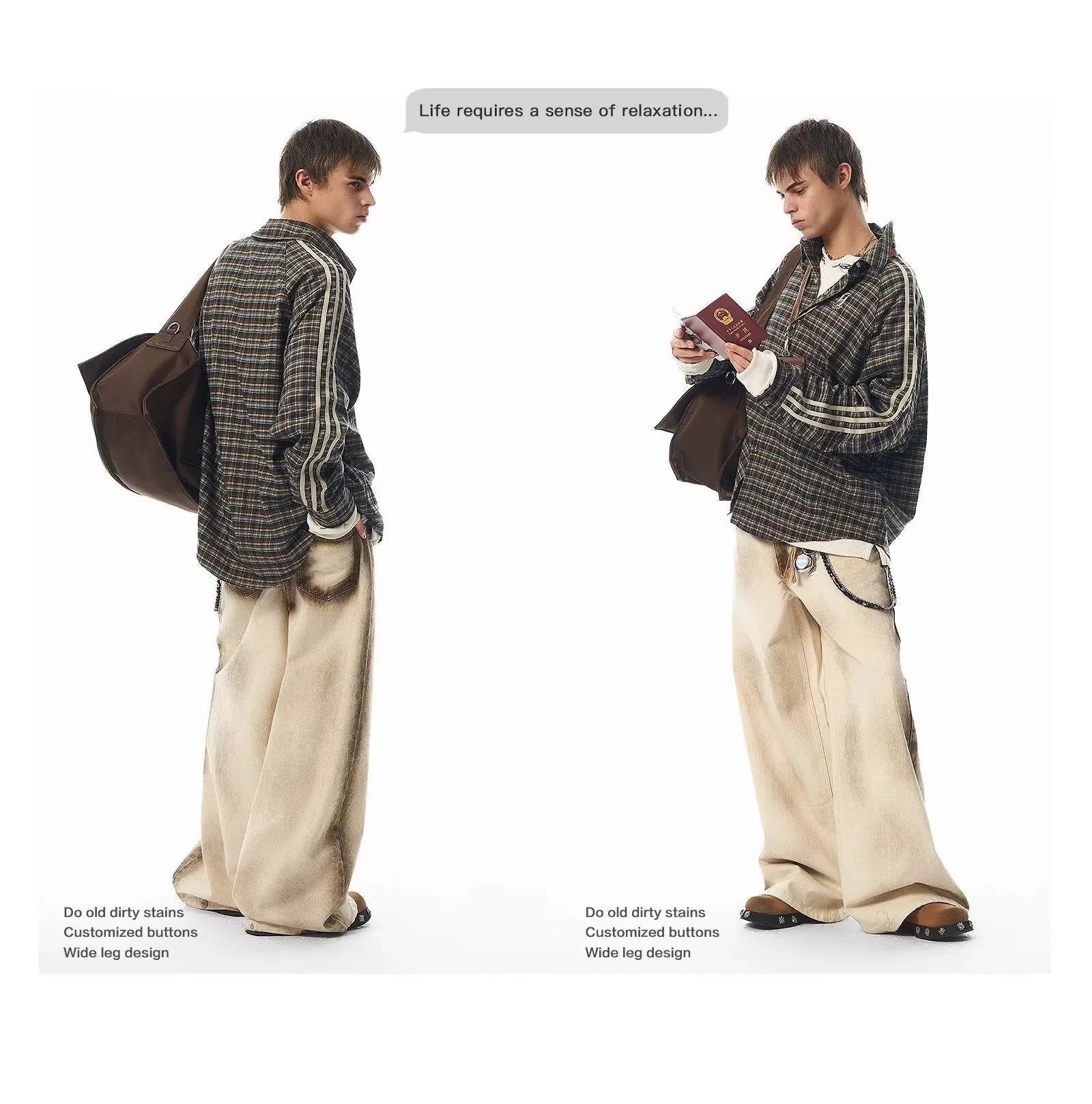 Beige loose straight floor-length cotton trousers with mid-rise waist