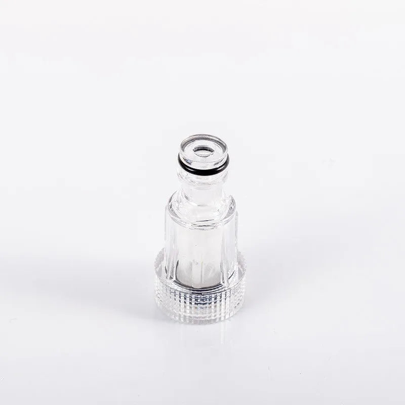 Transparent plastic inlet water joint and filter for Karcher pressure washer, 3cm diameter.