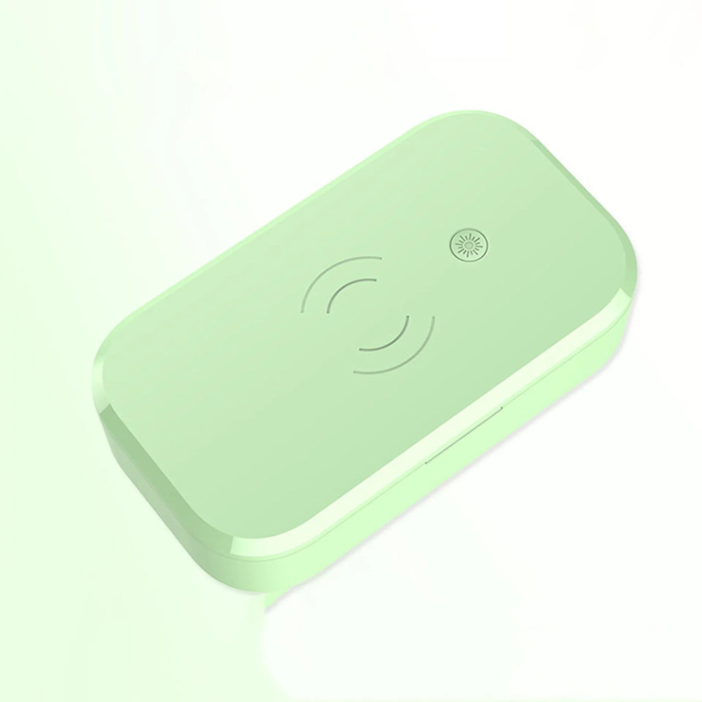 White ultraviolet disinfection box for sterilising nail tools and wirelessly charging a mobile phone.