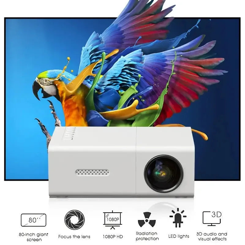 M100 mini LED home projector in black and white showing 100-inch projection with international power cables