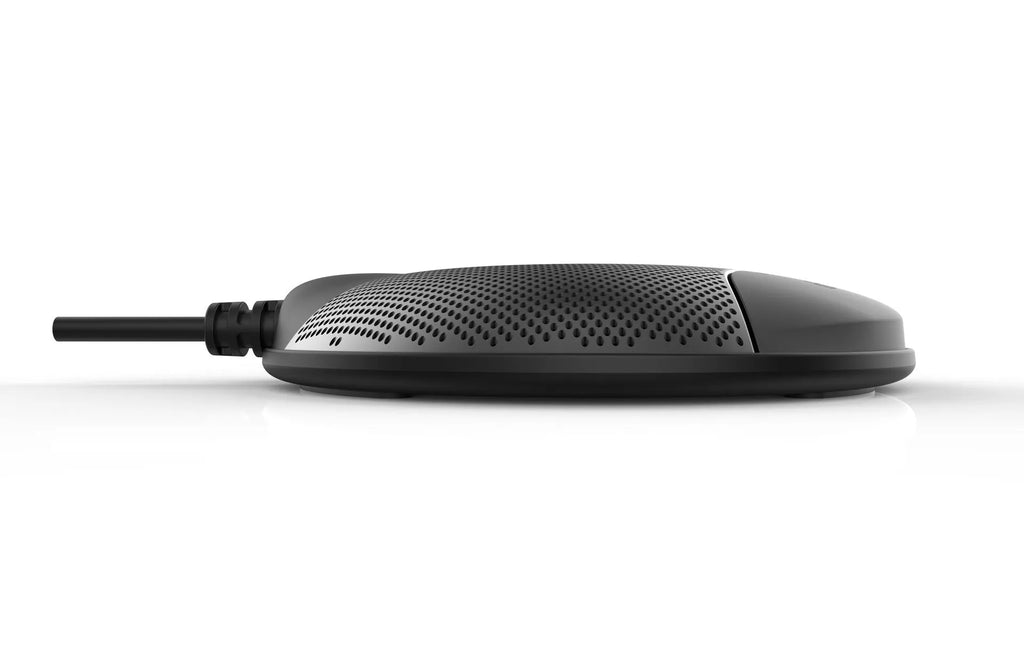 Black USB condenser microphone for conference calls and gaming with compact 9x9cm design