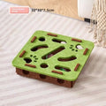 Green brown felt rectangular cat toy box with a circular hole and interior stuffing for play and scratching.