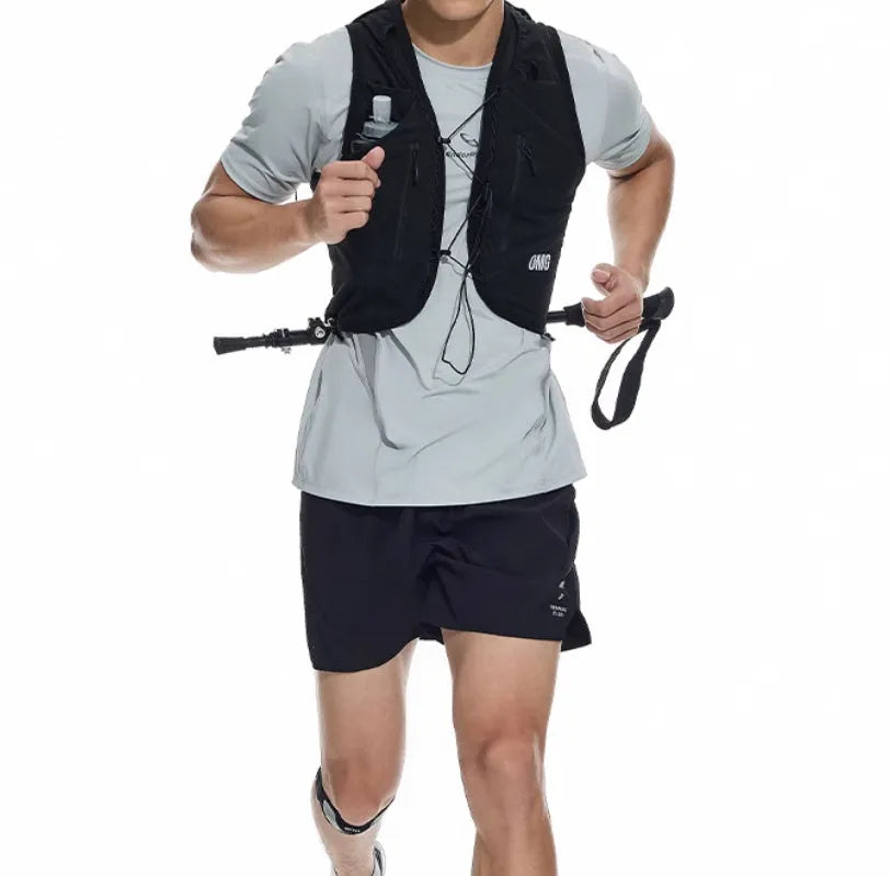 Men's black running shorts with four-sided stretch fabric and laser stitching detail