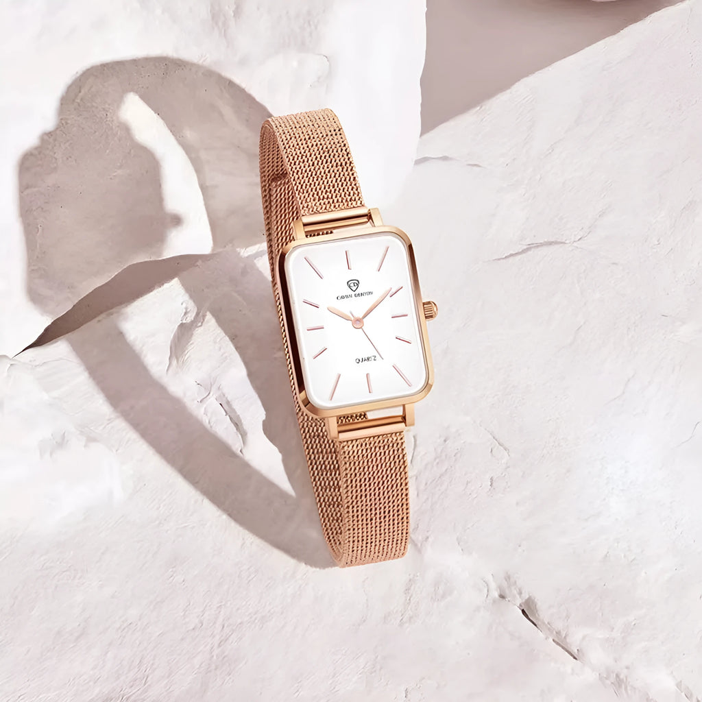 Women's waterproof quartz watch with alloy case and woven steel strap