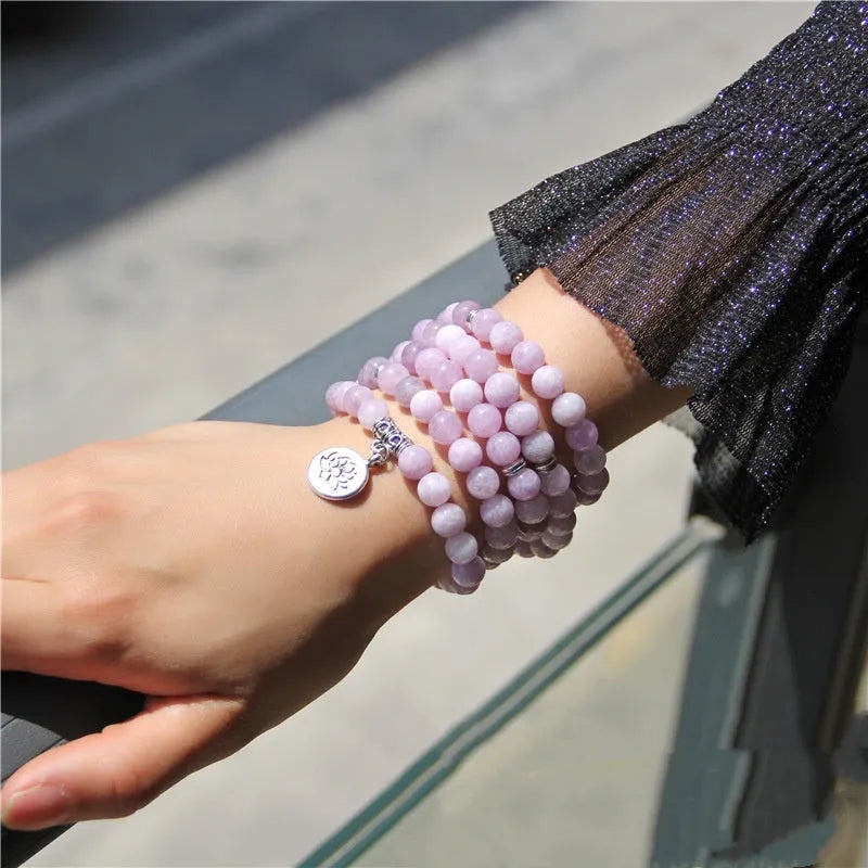Women's natural stone bracelet with lotus elements and geometric design