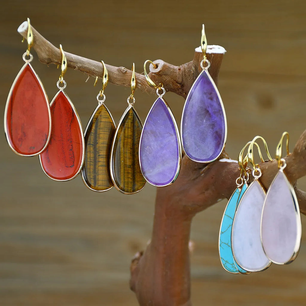 Vintage tigereye stone drop earrings with long water droplet design in five natural stone colour options